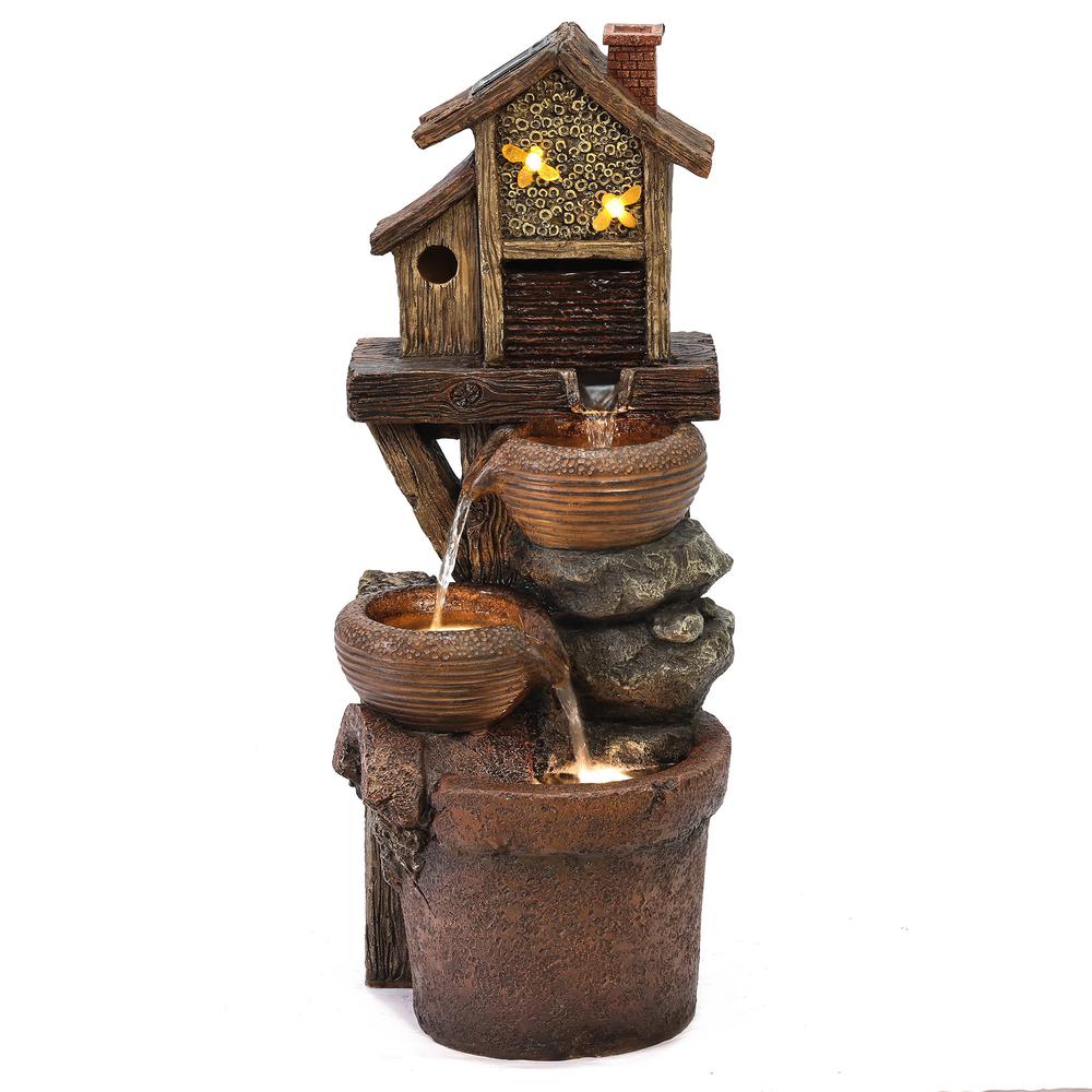 29.1" H Bowls and Birdhouse Resin Outdoor Fountain with LED Lights