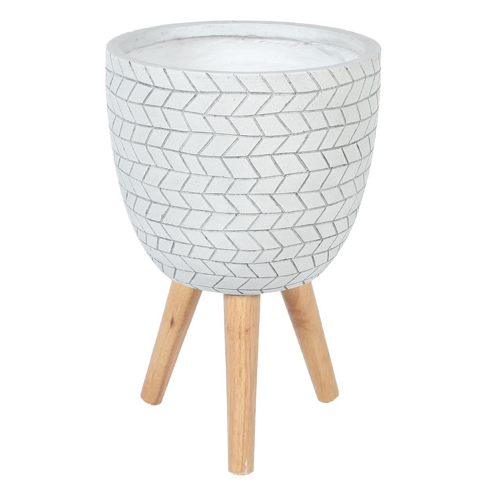 LuxenHome White Cube Design 14.6 in. Round MgO Planter with Wood Legs