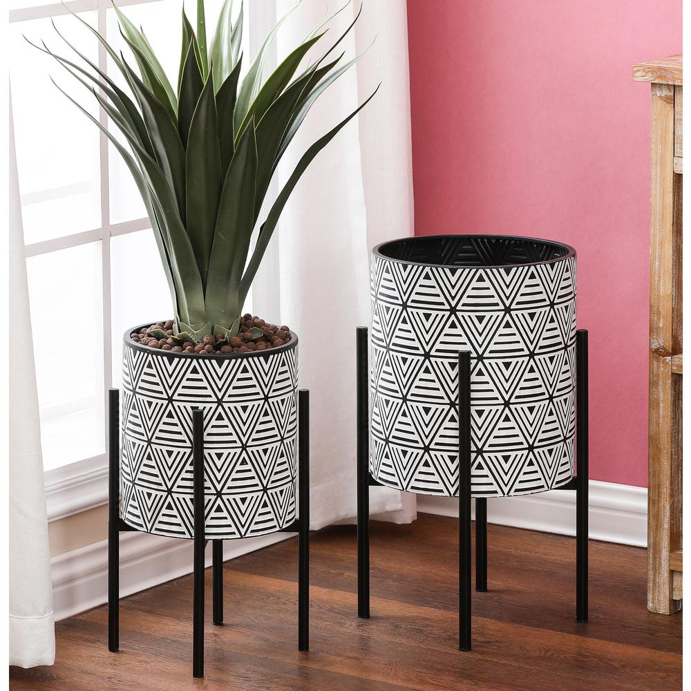 Set of 2 Black and White Metal Cachepot Planters with Black Metal Stands