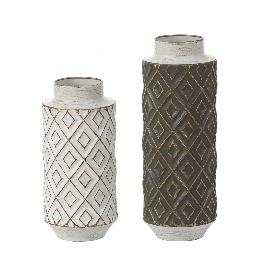 Set of 2 Distressed Black and White Metal Bottle Vases