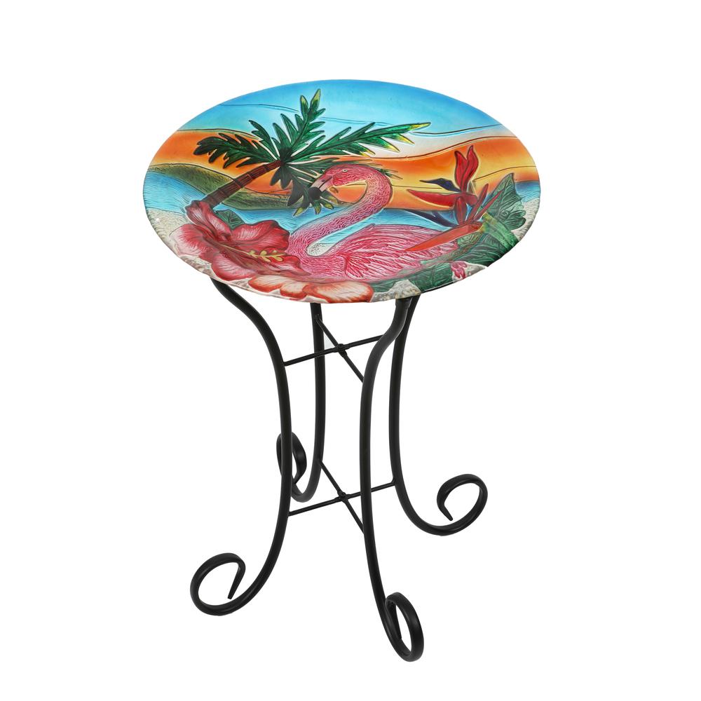 LuxenHome Flamingo Glass Bird Bath with Metal Stand