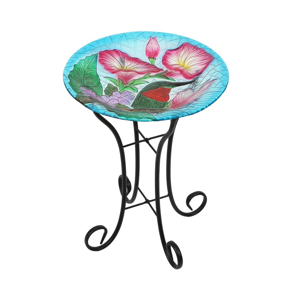 LuxenHome Hummingbird Floral Glass Bird Bath with Metal Stand