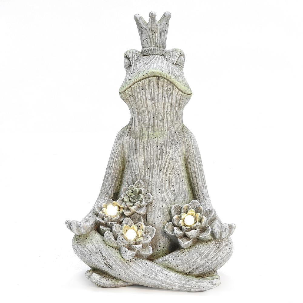 Gray MgO Meditating King Frog Statue with Solar Lights