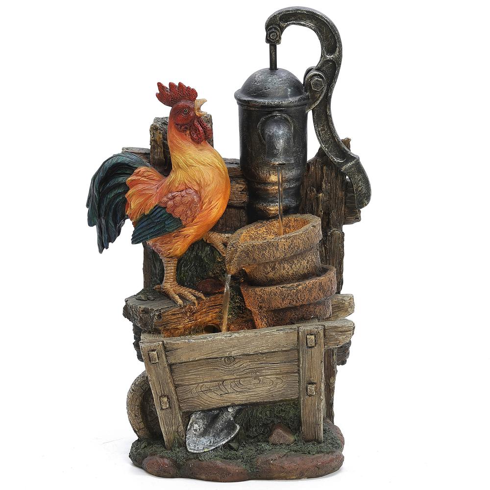 Farmhouse Pump and Rooster Resin Outdoor Fountain with LED Lights