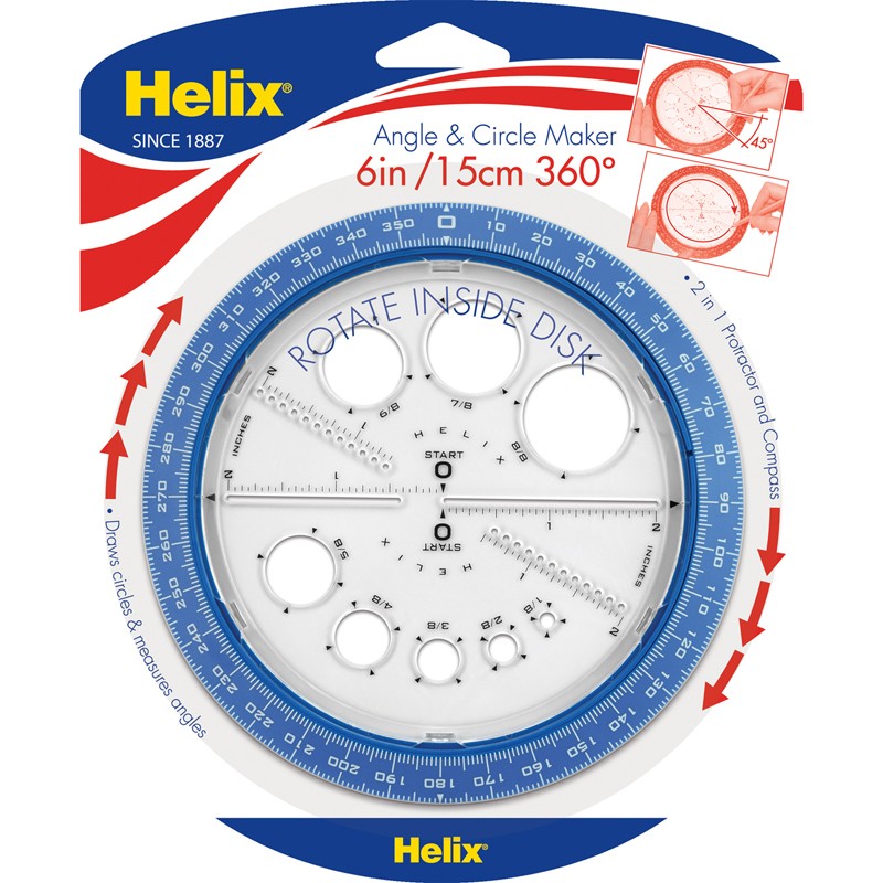 Angle & Circle Maker with Integrated Circle Templates, 360 Degree, 6 Inch/15cm, Assorted Colors