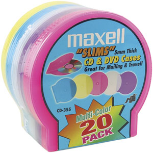 Maxell 190073 Slim CD/DVD Jewel Cases, 20 pk (Assorted Colors)