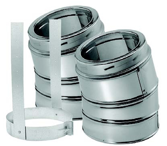 5" Dura-Vent Duratech Stainless 15 Deg Elbow Kit, Includes 2 Adjustable Ss Elbows, 1 Elbow Strap