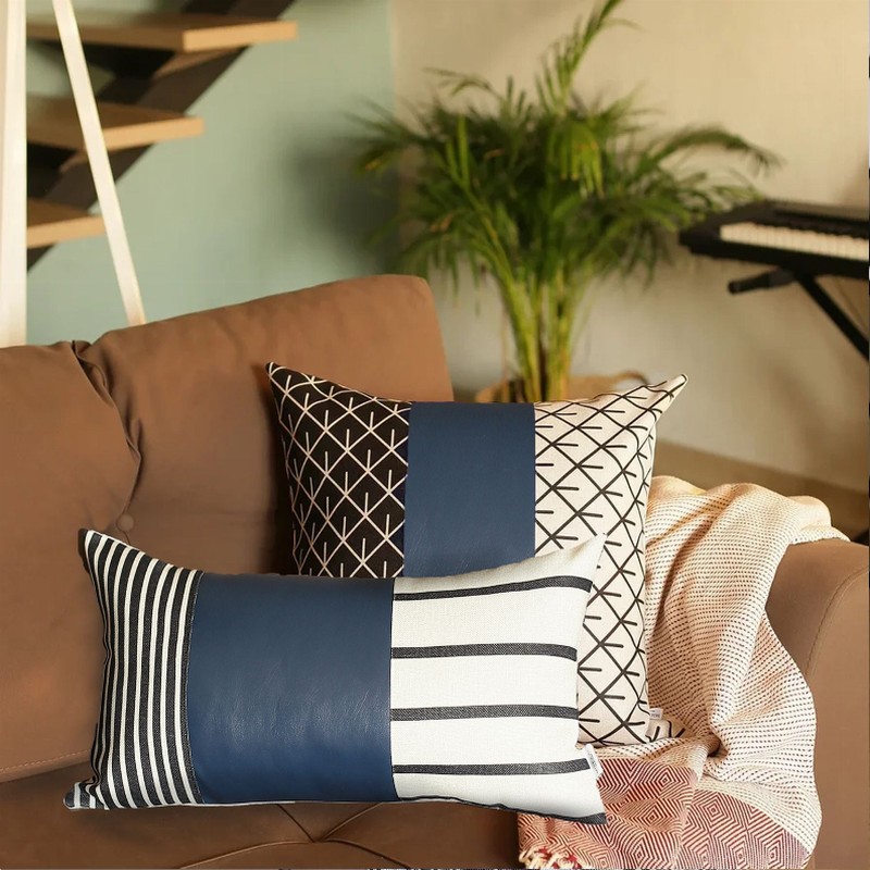 Bohemian Navy Blue Vegan Faux Leather Throw Pillow Covers