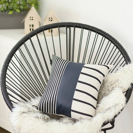 Bohemian Striped Vegan Faux Leather Throw Pillow Covers 17"x17" Navy Blue