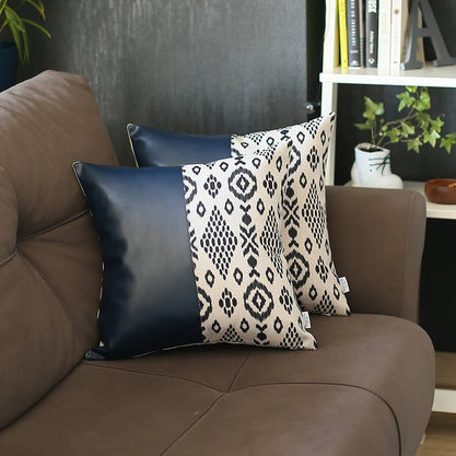 Bohemian Vegan Faux Leather Decorative Throw Pillow Covers Set of 2 17"x17" Navy Blue - 02