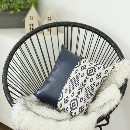 Bohemian Vegan Faux Leather Throw Pillow Covers - Half Ornamented 17"x17" Navy Blue - 02