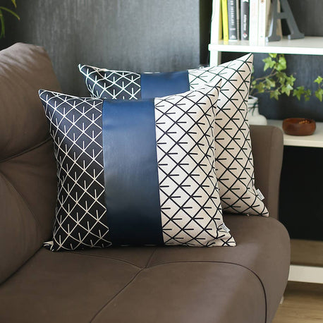 Bohemian Vegan Faux Leather Throw Pillow Covers Set of 2 17"x17" Navy Blue