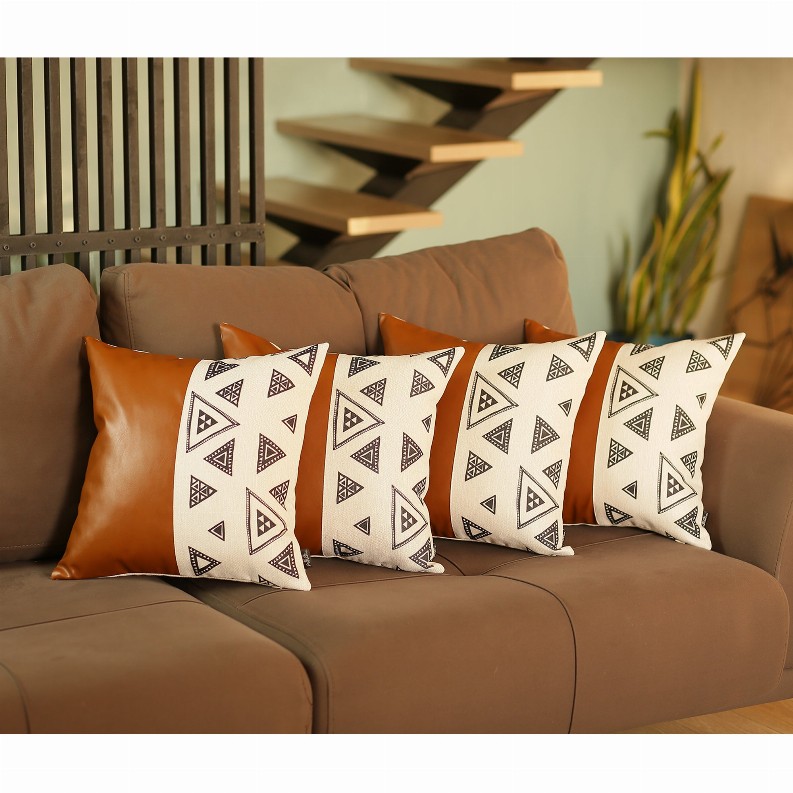 Bohemian Vegan Faux Leather Throw Pillow Covers Set of 4 17"x17" Brown