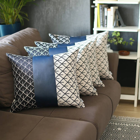 Bohemian Vegan Faux Leather Throw Pillow Covers Set of 4 17"x17" Navy Blue