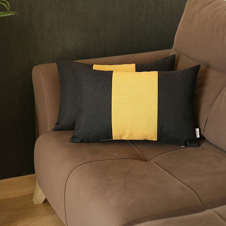 Boho-Chic Decorative Jacquard Throw Pillow 12"x20" Black-Yellow-Black - Set of 2