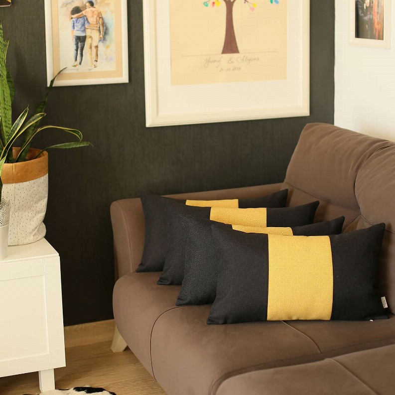 Boho-Chic Decorative Jacquard Throw Pillow Covers 12"x20" Black-Yellow-Black - Set of 4