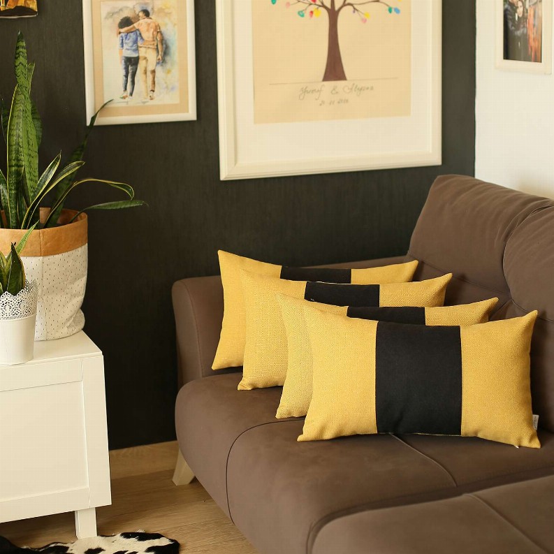 Boho-Chic Decorative Jacquard Throw Pillow Covers 12"x20" Yellow-Black-Yellow - Set of 4