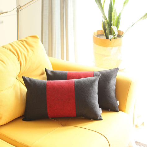 Boho-Chic Decorative Jacquard Throw Pillow Covers 12"x20" Black-Red-Black - Set of 2