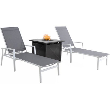 Harper 3pc Chaise Set: 2 Alum Chaise Lounges and Tile Top Fire Pit