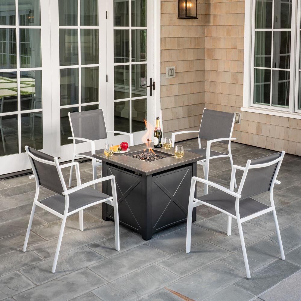 Harper 5pc Fire Pit: 4 Alum Sling Chairs and Tile Top Fire Pit