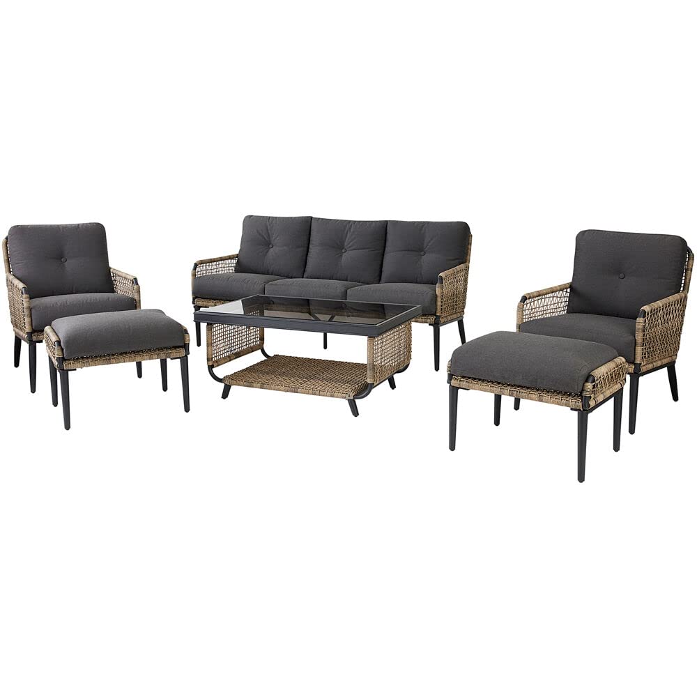 Pasadena6pc Set: 2 Chairs, Sofa, 2 Ottomans, Glass Top Coffee Table