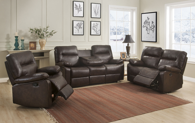 Kenzie Brown Recliner Sofa with Drop Down Table