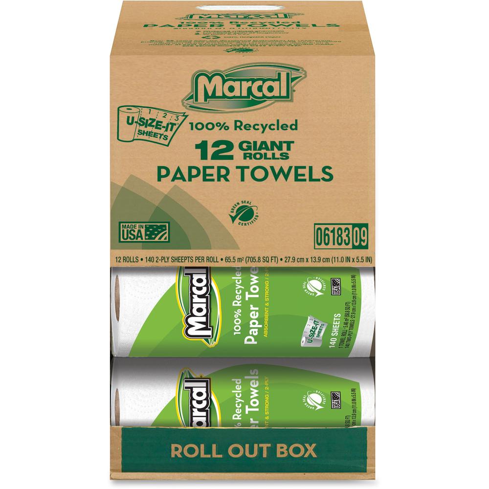 Marcal Giant Paper Towel in a Roll Out Carton - 2 Ply - 140 Sheets/Roll - White - Paper - Perforated - For Office Building, Wash