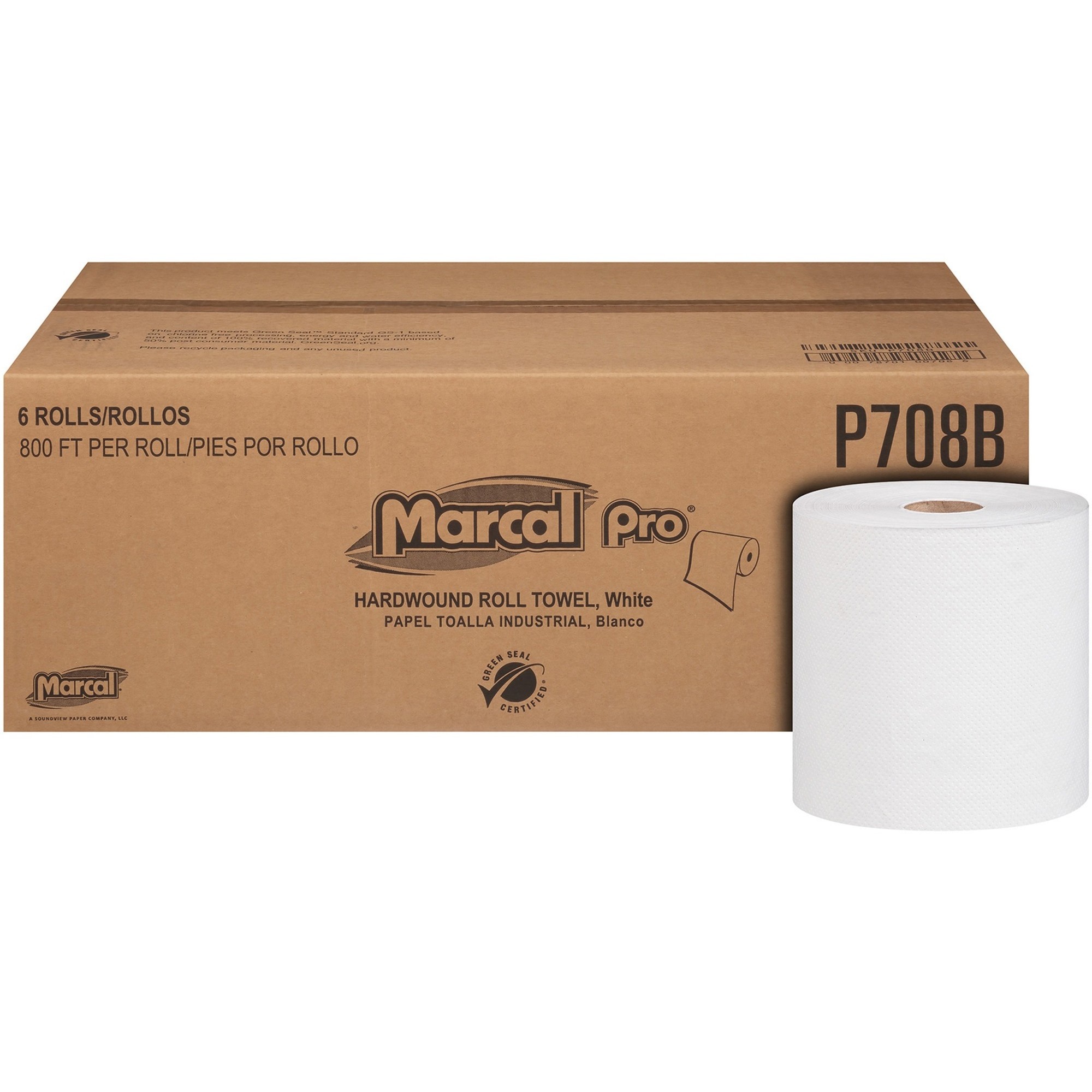 Marcal Hardwound Roll Towel - 1 Ply - 7.87" x 800 ft - White - Paper - Chlorine-free, Lint-free, Bleach-free, Hypoallergenic - 6