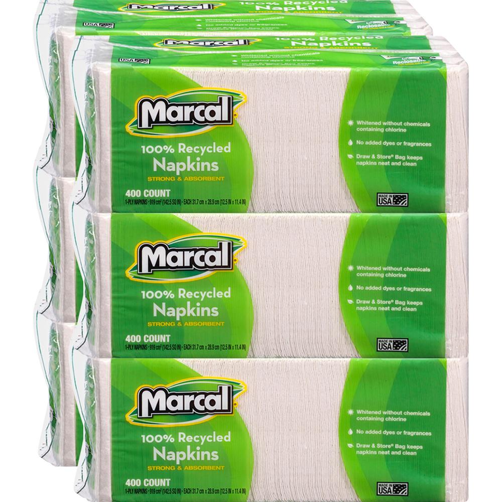 Marcal 100% Recycled Luncheon Napkins - 1 Ply - 12.50" x 11.40" - White - Paper - Hypoallergenic, Dye-free, Fragrance-free, Stro