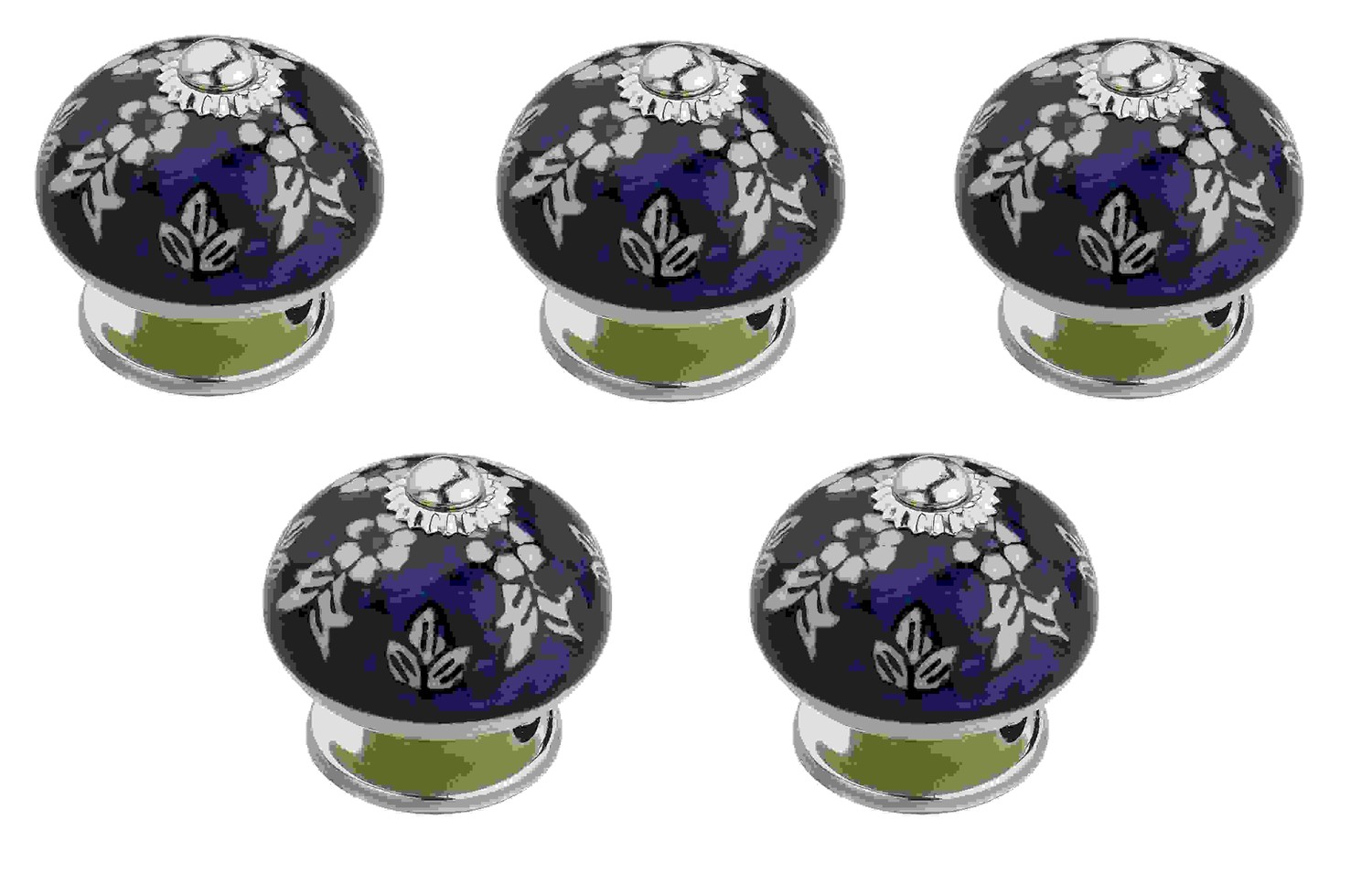 Floral 1-3/5 in. (41mm) Blue & White Cabinet Knob (Pack of 5)