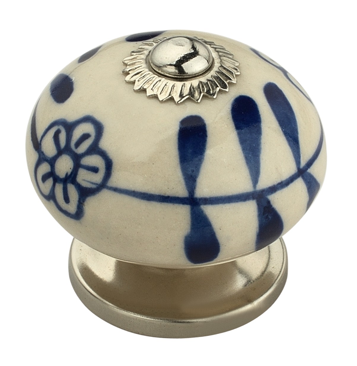 Flowered Elegant 1-3/5 in. (41mm) Blue & Cream Cabinet Knob