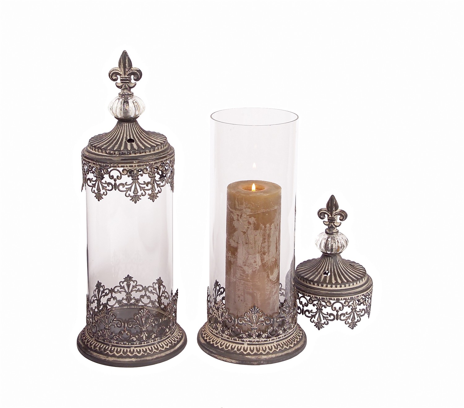 Candle Holder w/Lid (Set of 2) 16.5"H, 18"H Glass/Metal