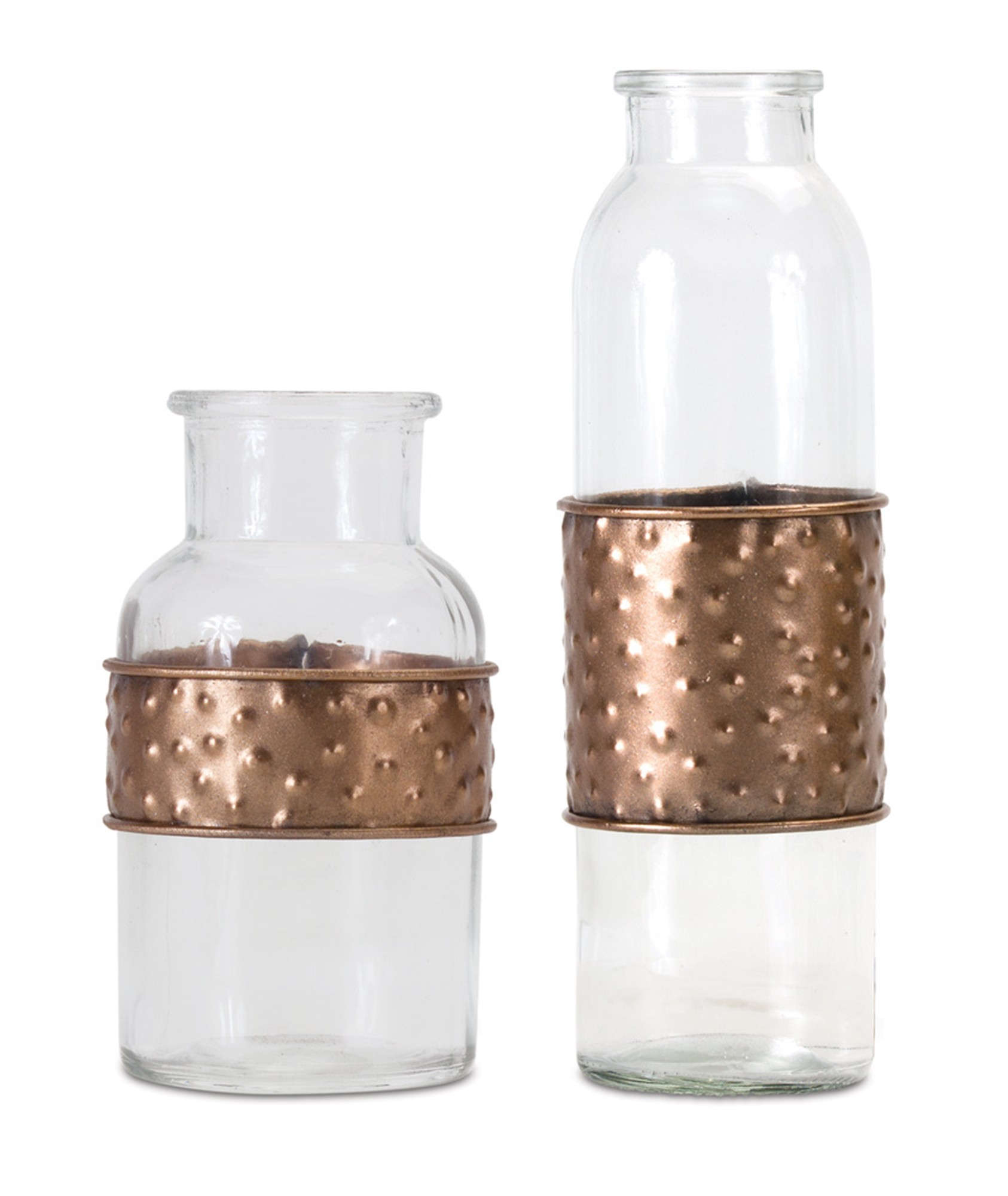 Bottle With Metal Wrap (Set of 4) 3.5" x 5"H, 3" x 7.5"H Glass/Iron