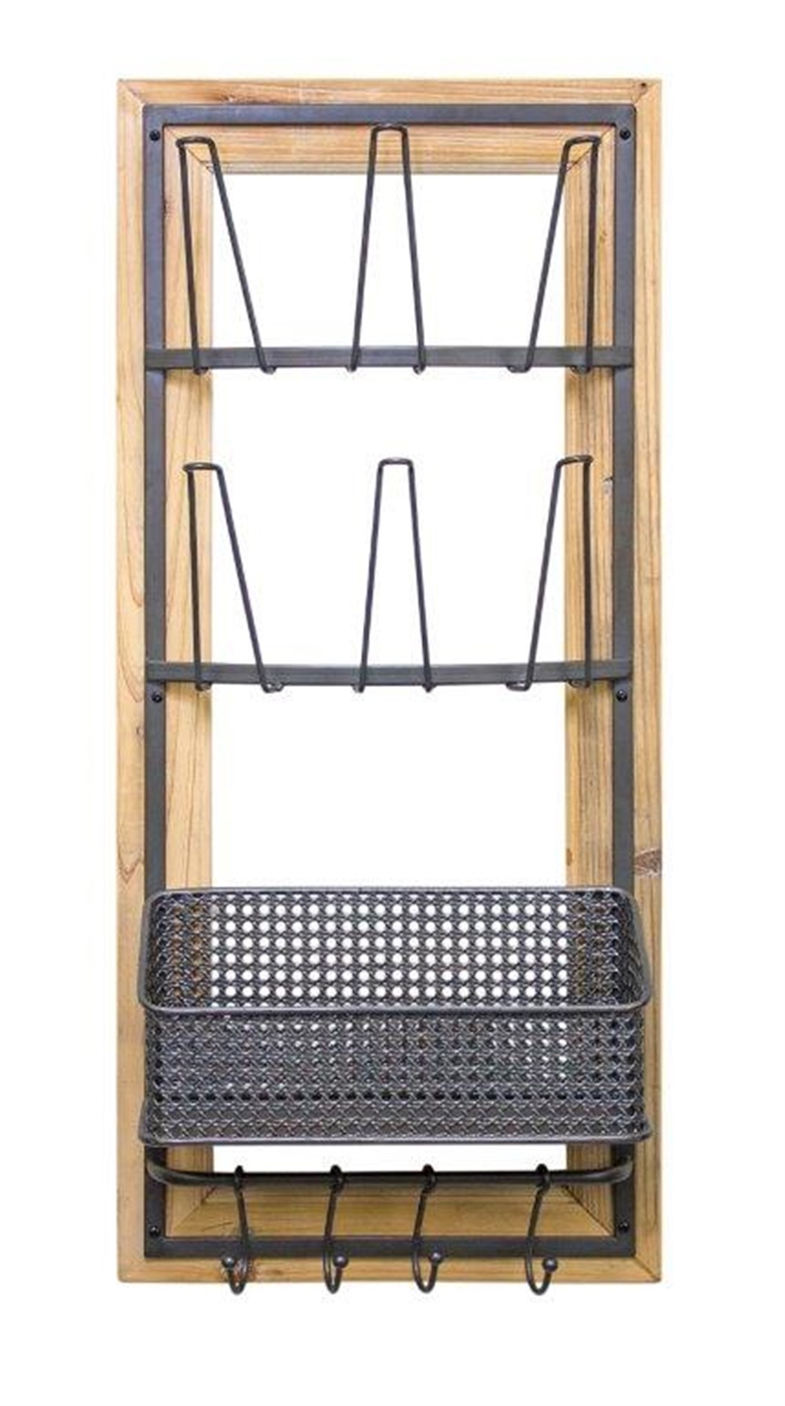 Wall Glass Holder with Basket 15.75"L x 35.5"H Wood/Metal