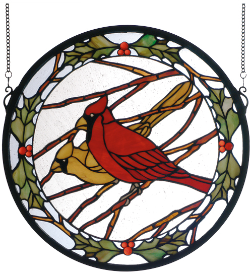 15"W X 15"H Cardinals & Holly Stained Glass Window
