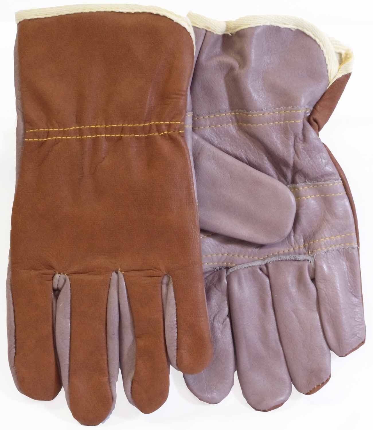 Cloth Lined Brown Leather Mens Work Gloves With Purple Palm, Size Large  (1 Pair)