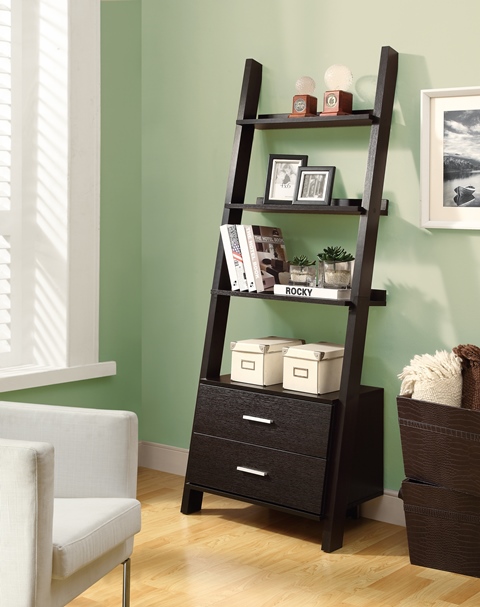 BOOKCASE - 69"H / CAPPUCCINO LADDER W/ 2 STORAGE DRAWERS