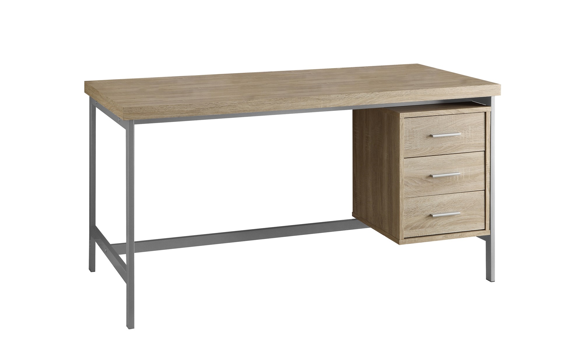 60" 3 Drawer Natural Reclaimed Wood-Look Hollow-Core Desk, Natural With Silver Metal