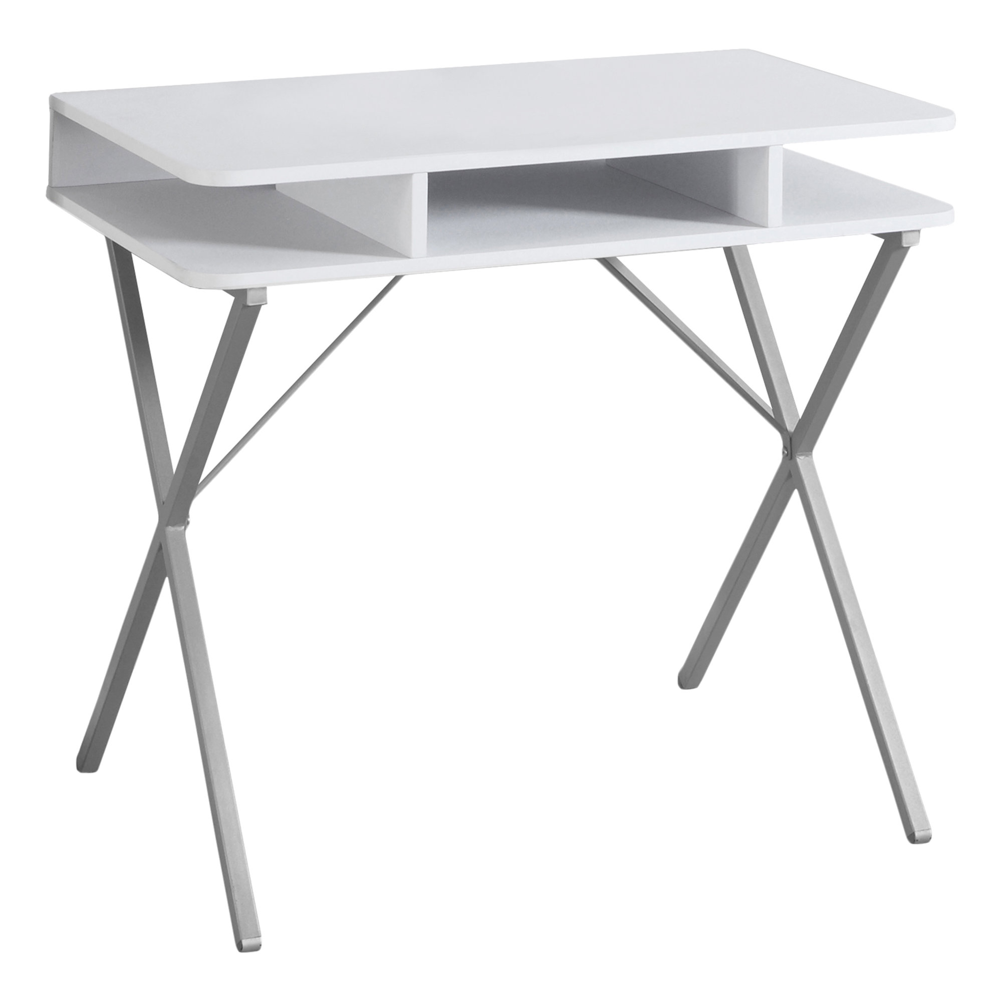 31" Modern Open Cubby Work Desk With Silver Metal Legs And White Top