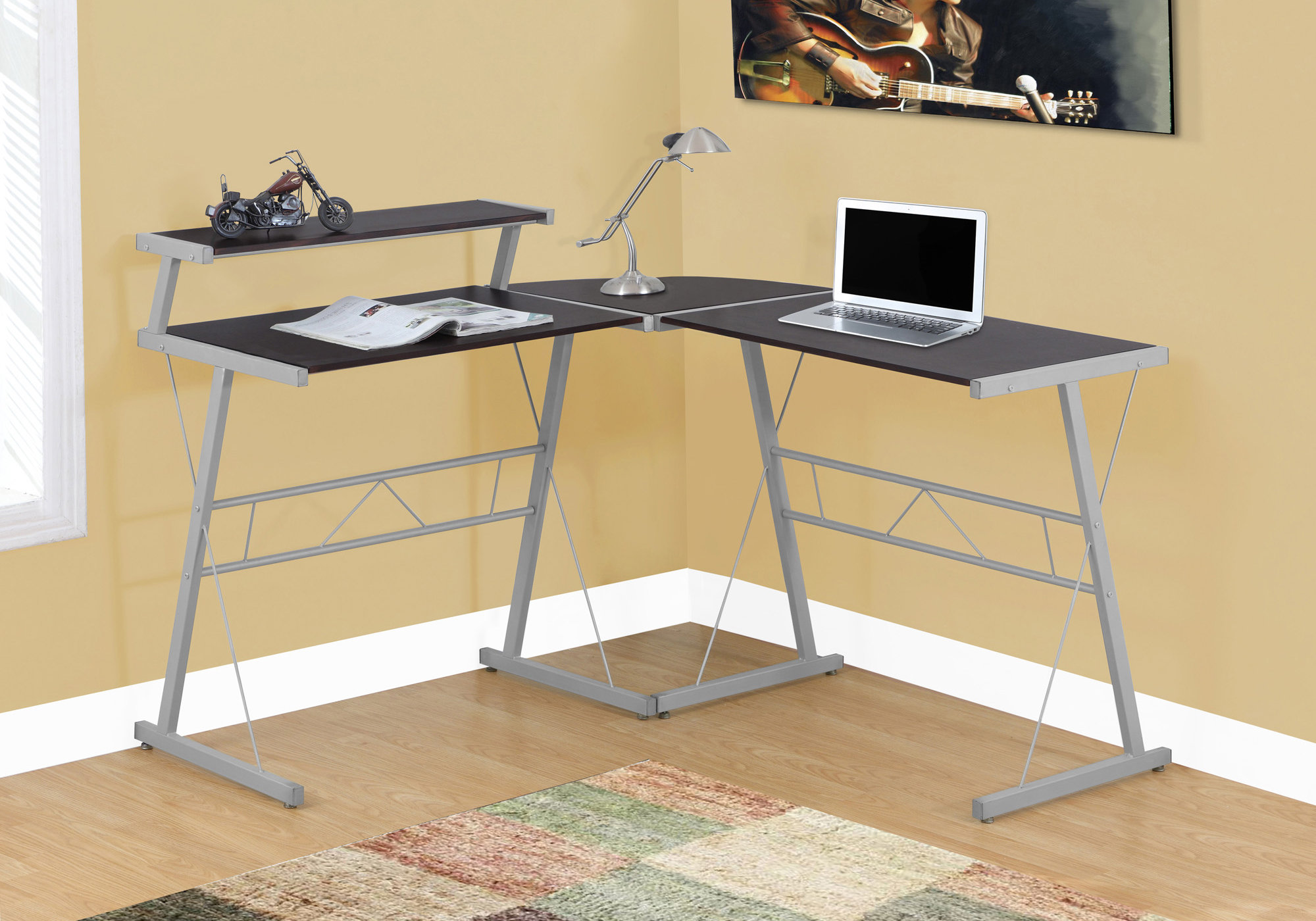 3 Pieces L Shaped Desk Set, Silver Metal Base and Cappuccino Top