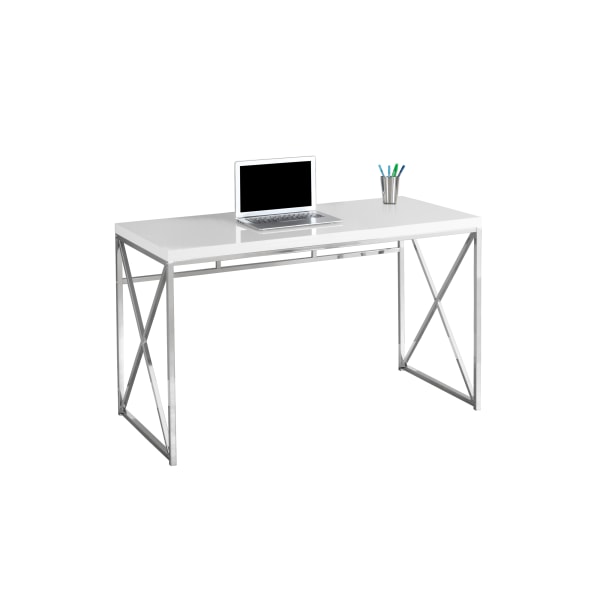 48" Computer Desk Criss-Cross Metal Legs, Chrome Metal Base and Glossy White Top