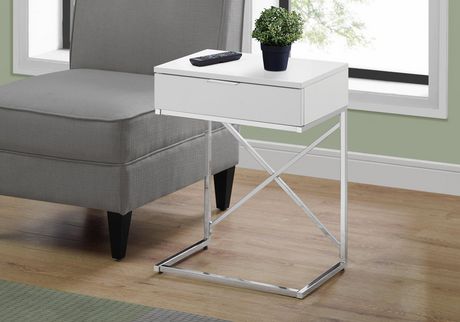 Accent End Table - 24"H / Glossy  / Chrome Metal With Drawer