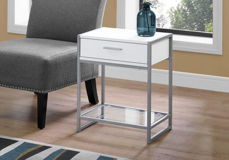 ACCENT TABLE - 22"H / WHITE/ SILVER METAL/ TEMPERED GLASS
