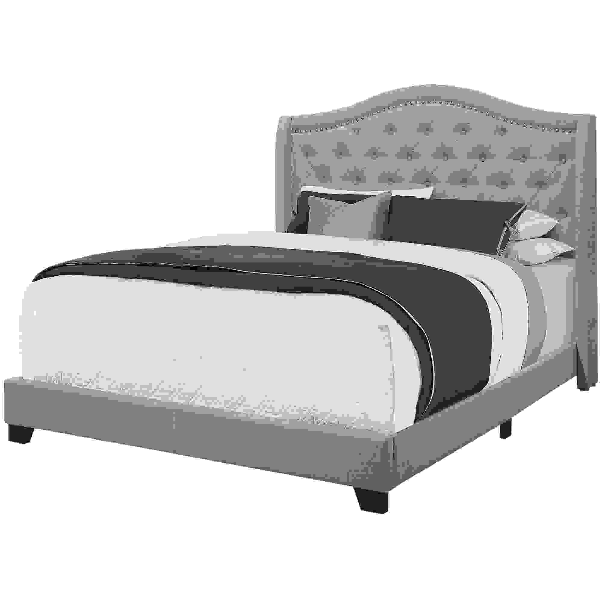 BED - QUEEN SIZE / CONTEMPORARY GREY LINEN WITH CHROME TRIM