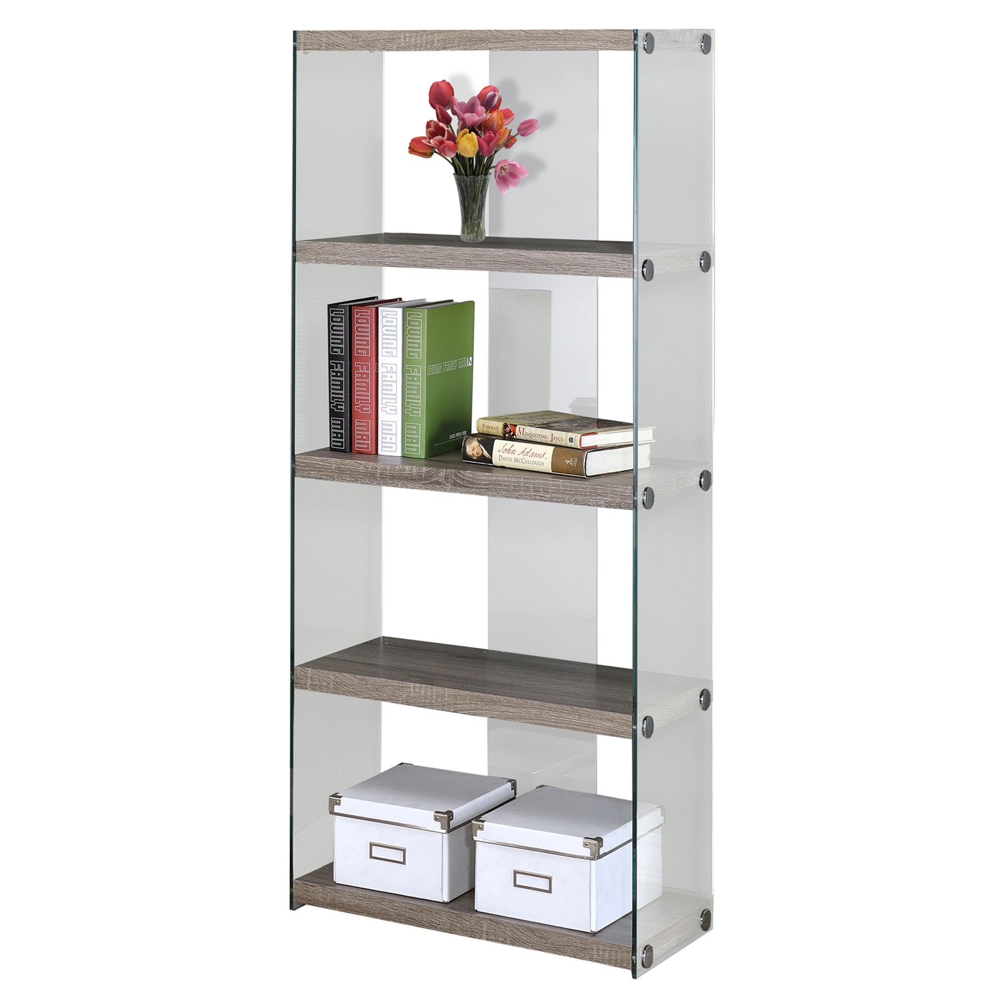 BOOKCASE - 60"H / DARK TAUPE WITH TEMPERED GLASS