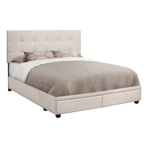 Bed - Queen Size, Beige Linen With 2 Storage Drawers