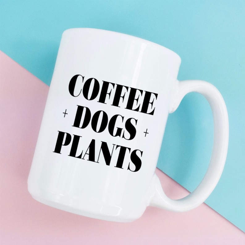 Coffee dogs and plants ceramic coffee mug