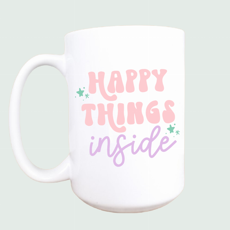 Happy things inside ceramic coffee mug