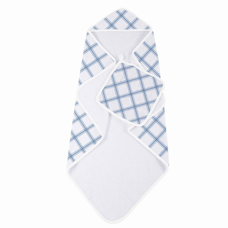 Hooded Towel and Washcloth Set Blue/Buffalo Check Plaid 