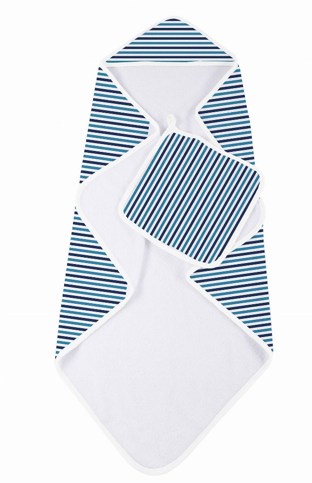 Hooded Towel and Washcloth Set Blue and White Stripe